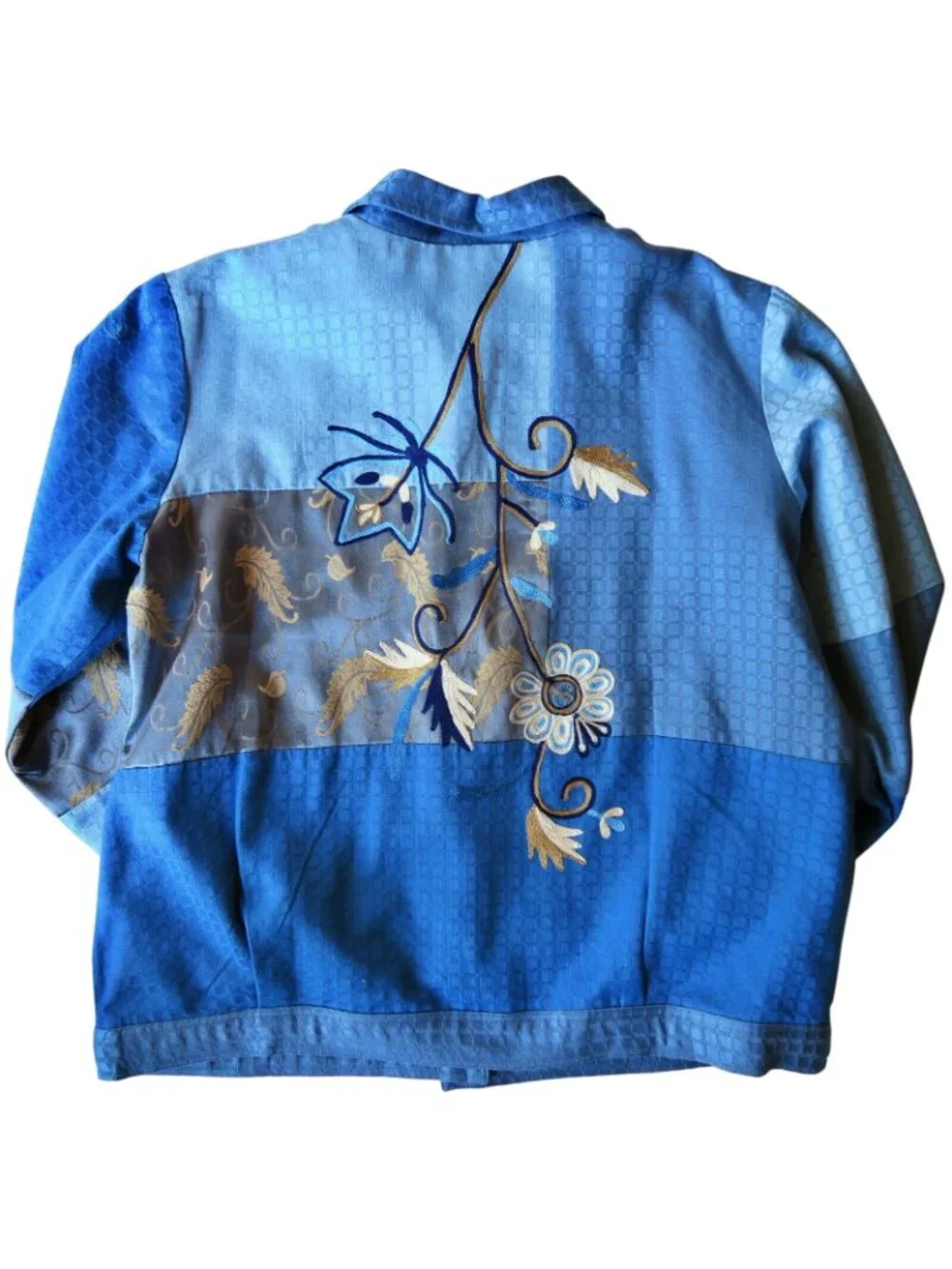 Indigo Moon Blue Patchwork Embroidered Jacket Lined Button Front Women’s Large - Picture 3 of 6